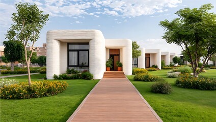 Naklejka premium Modern sustainable 3D-printed houses surrounded by lush greenery, showcasing eco-friendly architectural innovation