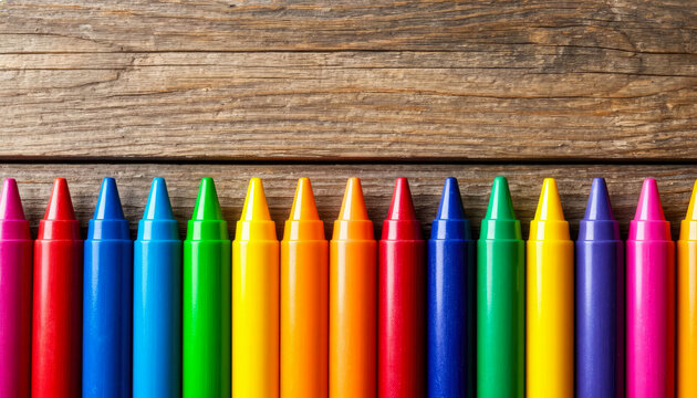 Multicolored wax crayons arranged in a row on a rustic wooden table, bright colors and symmetry under studio lighting.