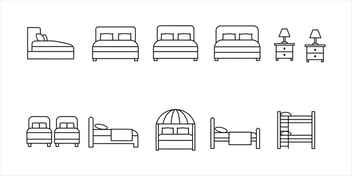 Collection of simple line art icons depicting various bed types and nightstands illustration furniture
