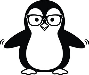 Fototapeta premium A cartoon penguin with glasses standing on a white background in a simple black and white illustration