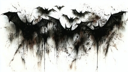 Dark Gothic Bats Flying, Spooky Halloween Art, Ink Drip Illustration