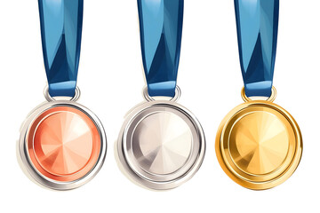 Medals in gold, silver, and bronze hanging from blue ribbons at a sports competition event