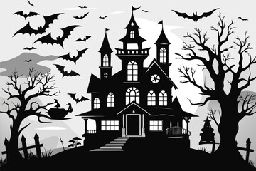 Silhouette of a haunted mansion with bats flying and spooky trees halloween haunted house