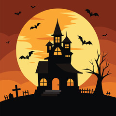 Spooky haunted house silhouette with bats and full moon at night halloween