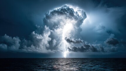   A massive cloud, adorned with a lightning bolt, dominates the sky above a tranquil body of water A boat can be seen floating peacefully in the foreground