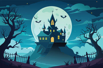 Spooky haunted castle on a hill under a large full moon with bats flying halloween haunted house