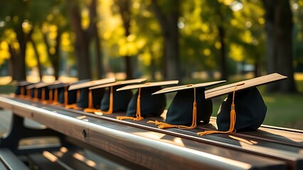 Graduation hats neatly arranged on a wooden bench, bathed in warm sunlight filtering through trees.