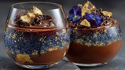   Two glasses filled with chocolate pudding and gold leaf garnishments on a gray table against a black backdrop