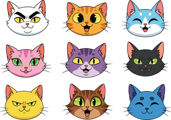 Cartoon cat face vector set—nine colorful feline expressions featuring angry, happy, surprised, and mischievous emotions for children’s clipart and emojis