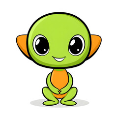 Colorful green cartoon character with oversized eyes sitting on the floor in a cheerful pose