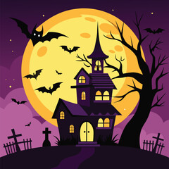 Spooky purple haunted house with bats and full moon at night halloween