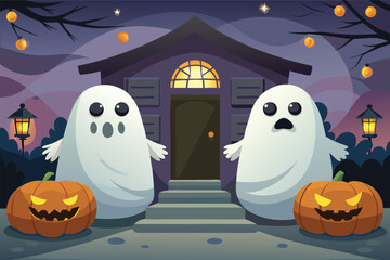 Two friendly cartoon ghosts stand beside carved pumpkins outside a spooky house at night