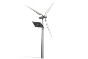 Wind turbine generating renewable energy with solar panel on transparent background
