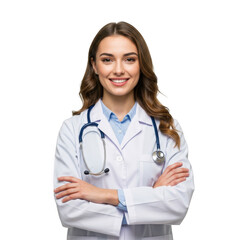 Smiling female doctor wearing white lab coat and stethoscope with arms crossed isolated on transparent background