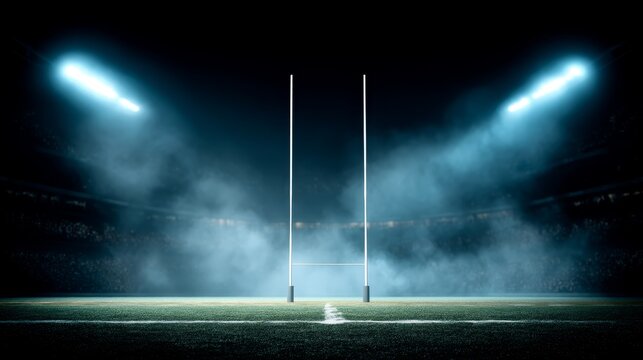 Vibrant rugby stadium illuminated by powerful floodlights with misty sidelines and silhouetted crowd capturing energetic atmosphere - Powered by Adobe