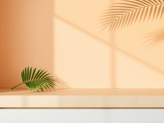 Warm peach-colored wall with a smooth light wooden display shelf featuring a vibrant green tropical palm leaf and serene natural light shadows, creating a calm, minimalist, and inviting background.