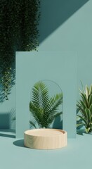 Minimalist scene with wooden podium and lush green plants under soft lighting