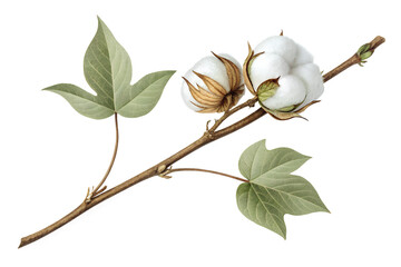 High-resolution botanical cotton plant branch with green leaves and fluffy white bolls. Natural...