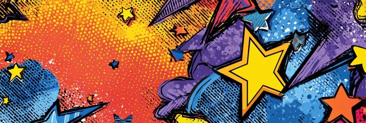 Vivid Pop Art Frame Featuring Dynamic Stars and Arrows Designed for Engaging Product Promotion With Ample Space for Text on the Right Side