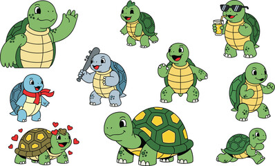 Cartoon turtle character set—ten cute turtles in colorful outfits and poses for kids’ stickers, clipart, and educational animal illustrations