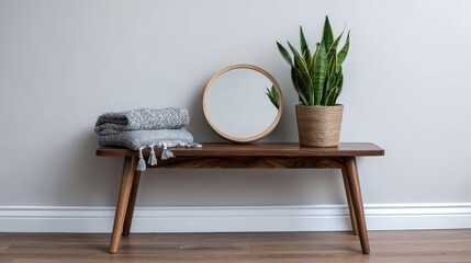 Modern entryway with floating walnut bench, round mirror, and lush snake plant in terracotta pot under skylight's natural glow, minimalistic and warm interior design