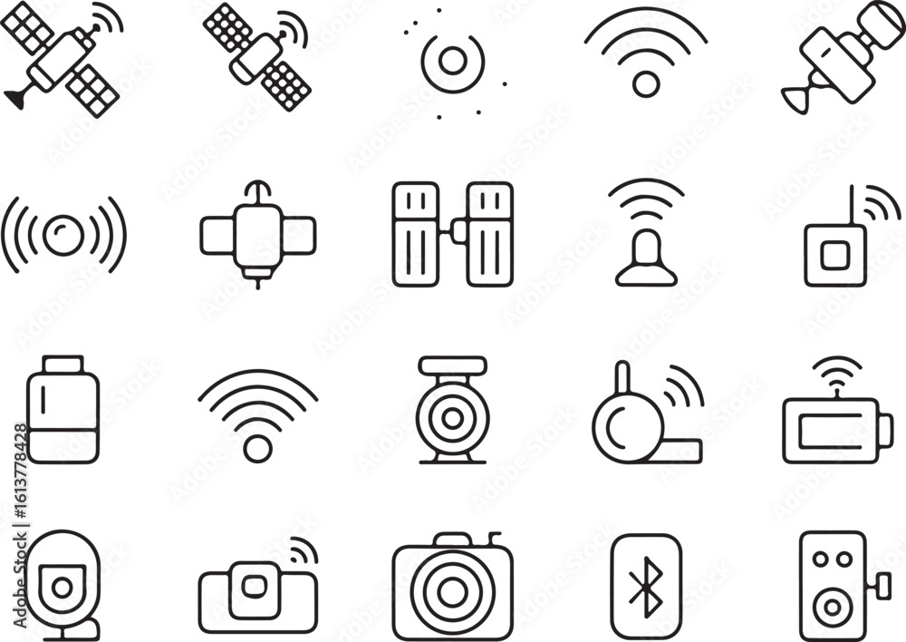 Poster collection of communication and technology icons in outline style featuring satellites wifi camera a