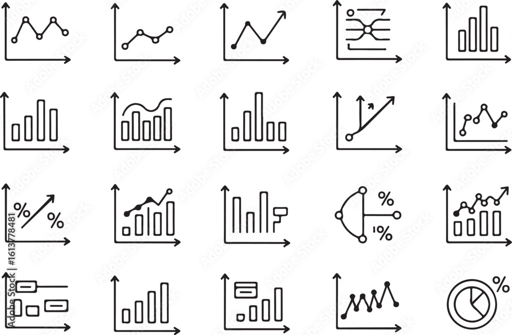 Poster collection of various business and financial graph and chart icons in simple line style representing