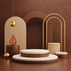 Elegant brown and gold geometric display stage with ornate arches