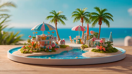 Kawaii 3D city with sunny parks, beach umbrellas, and summer bloom on a circular platform. Bright, cheerful tone, neutral background.
