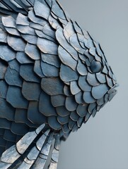 A meticulously crafted fish showcases intricate organic scales that merge with soft metallic elements, reflecting a blend of natural and contemporary artistry, emphasizing themes of identity