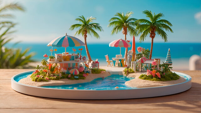 Kawaii 3D city with sunny parks, beach umbrellas, and summer bloom on a circular platform. Bright, cheerful tone, neutral background.