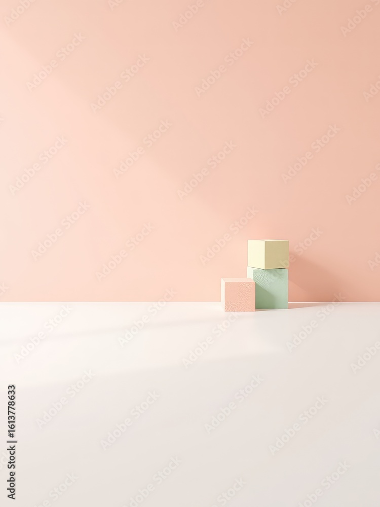 Poster soft pastel-colored geometric cubes stacked on a clean light surface against a subtle pink backgroun