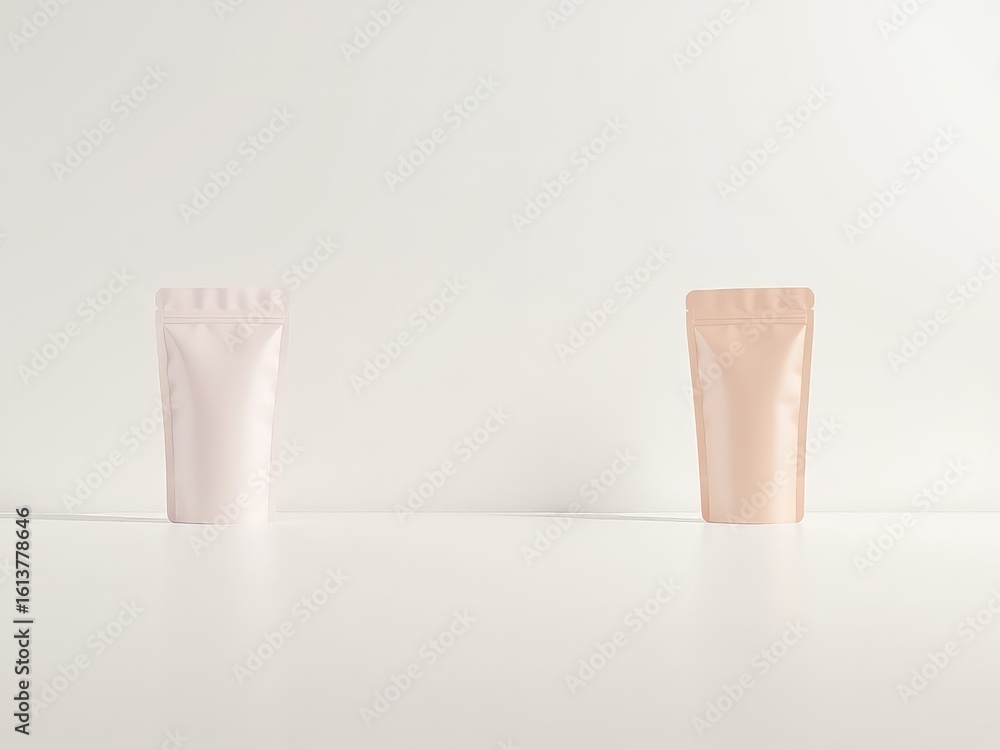 Poster elegant empty stand-up pouches in soft pastel colors ready for your product branding design and vers
