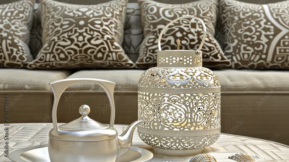 Poster enjoy a charming display of a refined tea service and decorative lanterns set against intricately pa