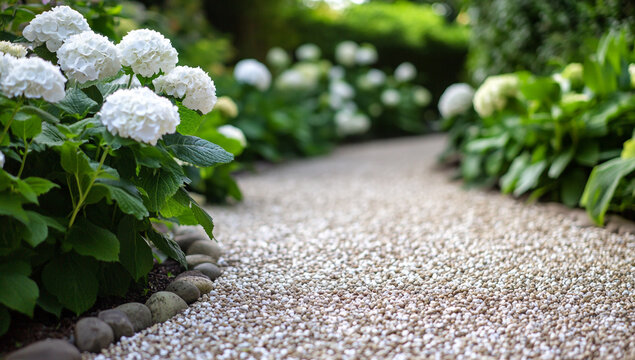 A smooth, gravel path leading through lush greenery and white hydrangeas in the background.