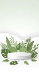 White podium surrounded by lush green tropical leaves and soft white curves