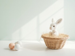 Delicate white plush rabbit sits comfortably inside a natural woven basket filled with hay, next to various pastel decorative eggs on a clear surface, bathed in warm ambient window light.