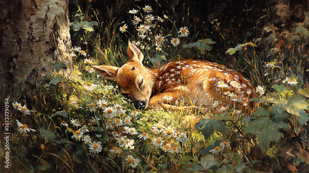 Canvas Prints a painting of a deer lying down in a field of daisies in front of a tree