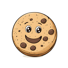 Happy cartoon cookie character with chocolate chips and a cheerful expression in a fun, playful style