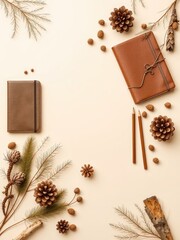 Earthy creative space flat lay featuring brown leather journals, natural pine cones, evergreen branches, and rustic writing pencils for a cozy, inspirational autumn season desktop arrangement