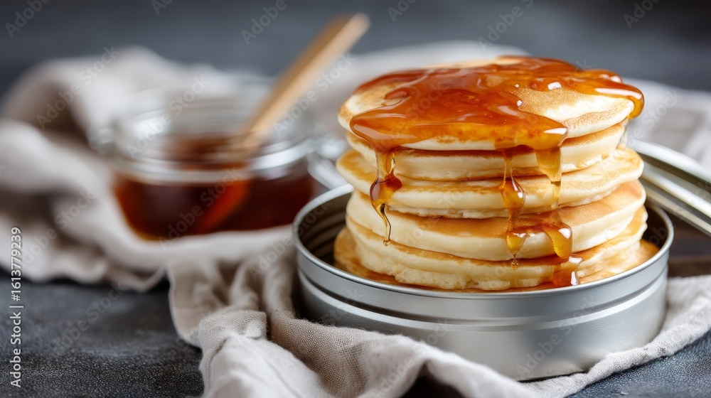 Poster stack of fluffy pancakes drizzled with golden syrup in rustic tin container on soft linen tablecloth