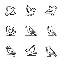 Minimalist Bird Line Icons Set – Elegant Outline Sparrow Vector Collection