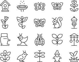 Collection of Garden and Nature Icons in Outline Style Featuring Birdhouses Butterflies Flowers and Animals Creating a Charming and Whimsical Aesthetic Silhouette