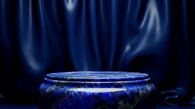 Luxurious empty blue lapis lazuli podium with a flowing dark silk fabric background for premium product display