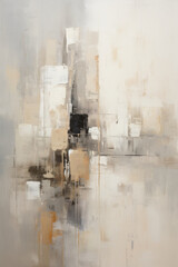 Abstract painting featuring beige, gray, and black geometric shapes and lines