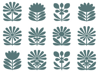 floral doodle set with organic shapes hand drawn in retro hippie style 60s and 70s for use in seamless patterns prints and posters

