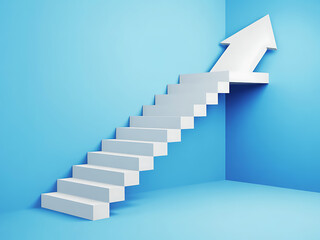 White staircase transforms into upward arrow on blue background