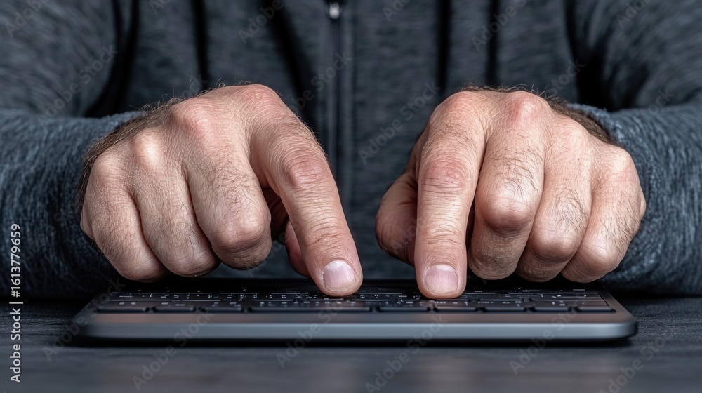 Poster close-up of a person's hands typing on a keyboard, emphasizing work or technology use in a professio