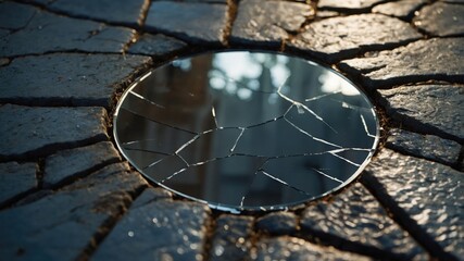 A cracked mirror on a stone floor, symbolizing fragmentation