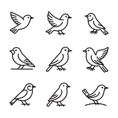 Minimalist Bird Line Icons Set – Elegant Outline Sparrow Vector Collection
